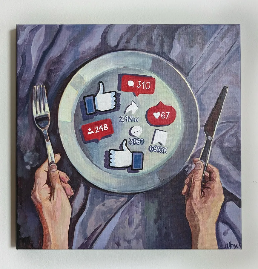Obraz Akceptacja / Схвалення autorstwa Kristina Yurchuk, rozmiar: 40*40, wykonany z Akryl na płótnie / акрил, medium Malarstwo, z Warszawa / Варшава, część serii Podseria "Co zjem na kolację?" / Підсерія "Що з'їм на вечерю?"