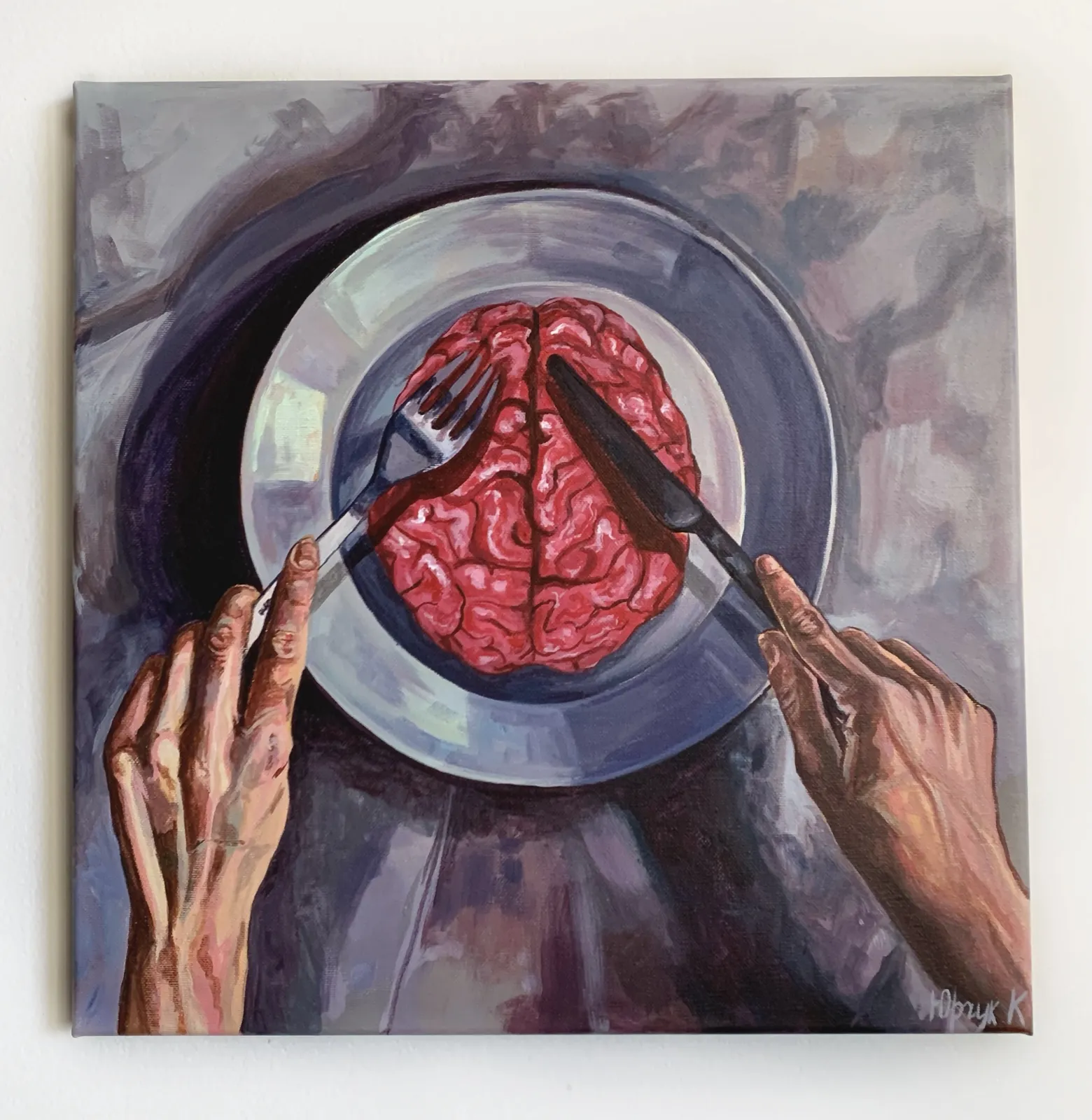 Obraz Samozjadanie / Самопоїдання autorstwa Kristina Yurchuk, rozmiar: 40*40, wykonany z Akryl na płótnie / акрил, medium Malarstwo, z Warszawa / Варшава, część serii Podseria "Co zjem na kolację?" / Підсерія "Що з'їм на вечерю?"