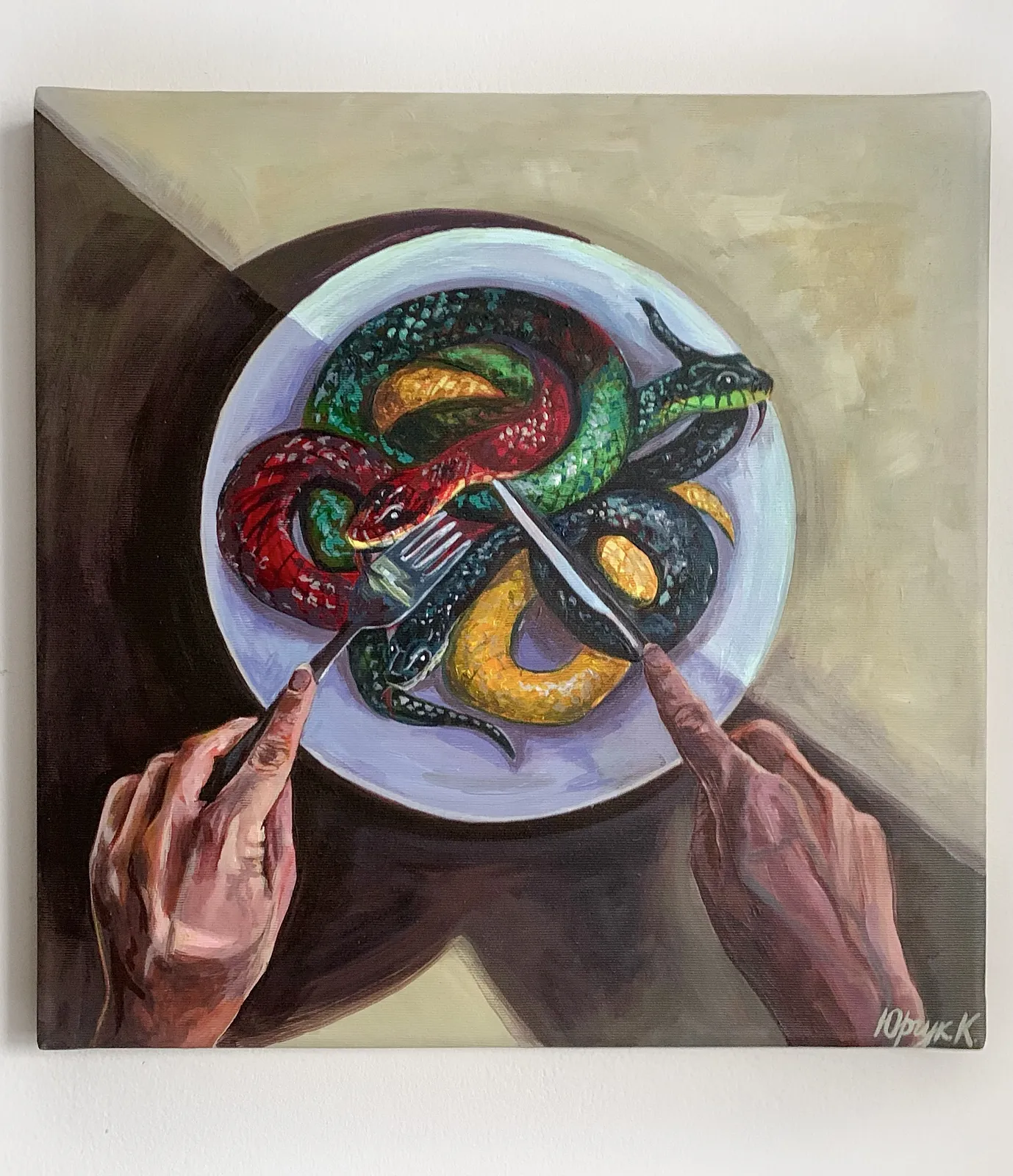 Obraz Plotki / Плітки autorstwa Kristina Yurchuk, rozmiar: 40*40, wykonany z Akryl na płótnie / акрил, medium Malarstwo, z Warszawa / Варшава, część serii Podseria "Co zjem na kolację?" / Підсерія "Що з'їм на вечерю?"